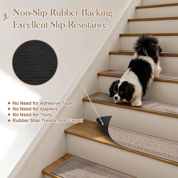 OJIA Vintage Stair Treads for Wooden Steps Indoor 15PCS 30"x8" Stair Runner | Non-Slip Carpet Stair Treads Mats Staircase Step Treads for Kids, Elders and Dogs, Rubber Stair Covers