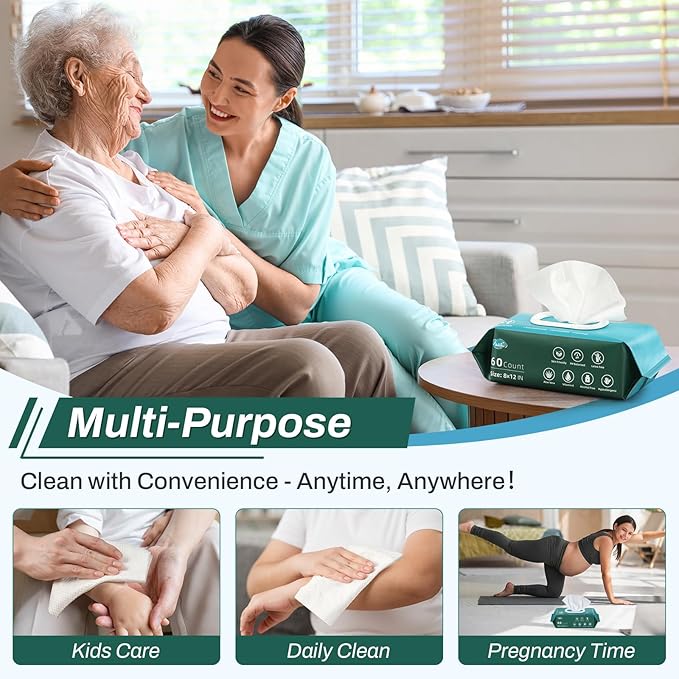 [360 Count] Adult Wipes for Elderly, 8" x 12" Extra Large Adult Wipes for Incontinence & Cleansing - Disposable Washcloth for Elderly Bathing No-Rinse - Vitamin E & Aloe