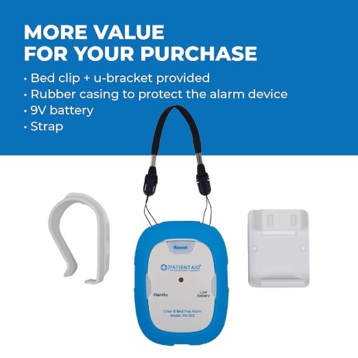 Patient Aid Bed Alarm with 10" x 30" Motion Sensor Pad and Wired Device with Rubber Casing, Ring Sound and Mounting Options, AC Adapter and Battery Powered Wandering and Fall Prevention for Elderly
