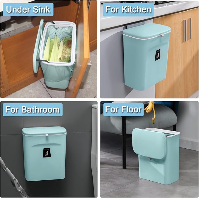 Tiyafuro 2.4 Gallon Kitchen Compost Bin for Counter Top or Under Sink, Hanging Small Trash Can with Lid for Cupboard/Bathroom/Bedroom/Office/Camping, Mountable Indoor Compost Bucket (Blue)
