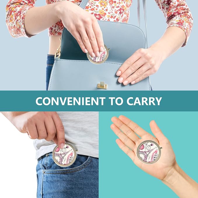 Pill Case Pill Box with Mirror Retro 3 Compartment Small Pill Case for Purse or Pocket Bronze Small Roud Pill Box or Vitamins, Fish Oil, Supplements, Pill Containe Travel Gifts（Paris Eiffel Tower）