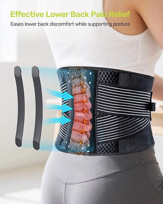 Rakiie Slim Back Brace for Lower Back Pain Relief, Lightweight & Breathable Back Support Brace for Men Women, Ergonomic Light Lumbar Support for Everyday Wear, Light Gray L
