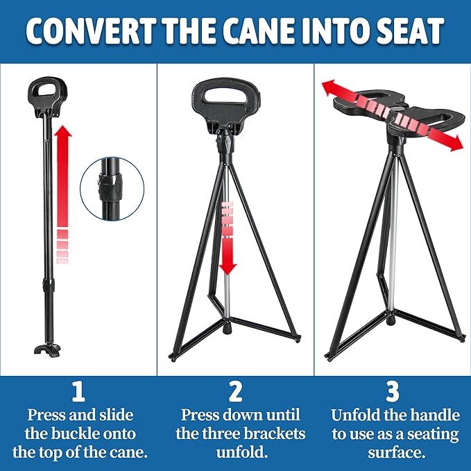 ALEVMOOM Walking Cane with Seat Folding Lightweight, Cane Stool for Adults, Aluminum Walking Chair Capacity 330lb Portable Seat for Senior, with Carry Bag