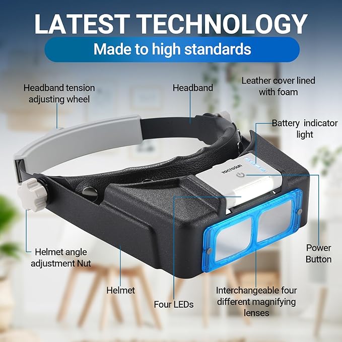 YOCTOSUN Magnifying Glasses with Light for Close Work, Rechargeable Headband Magnifier with 4 Lenses 1.5X-3.5X, Hands Free Magnifying Glass Visor for Jewelers, Crafts, Hobby