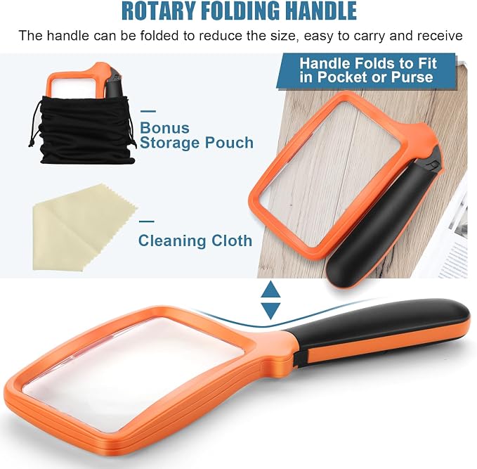Folding Handheld Magnifying Glass with Light, 5X Large Rectangle Reading Magnifier with Dimmable LED for Seniors with Macular Degeneration, Newspaper, Book, Small Print, Lighted for Low Visions Orange