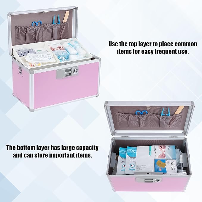 14" Medicine Lock Box, First Aid Safe Medication Storage Box,Aluminum Daily Medicine Cabinet,Key Medication Locking Storage Box for Family Use,14" x 7.9" x 8.7", Pink