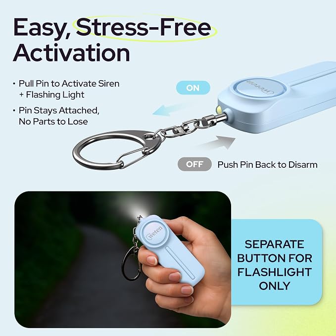 Weten Personal Safety Alarm Keychain for Women, Blue | 130dB Siren, LED Light, Panic Pin, Self-Defense Device, Emergency Whistle Alternative for College, Travel, and Night Walk