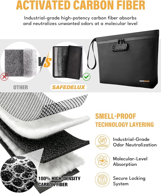 Smell Proof Bag, Odor Proof Bag with Combination Lock, Durable Smell Proof Container with Carbon Lining, Secure Odorless Travel Pouch for Home & On-the-Go (Black, 12.5″x9.5″)