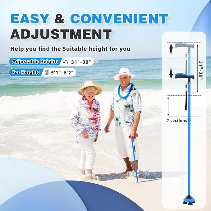 BeneCane Walking Cane for Men & Women Walking Stick for Seniors Folding Canes Quad Cane Adjustable Lightweight Sturdy Collapsible Heavy Duty with Soft TPR T-Handle and Travel Bag