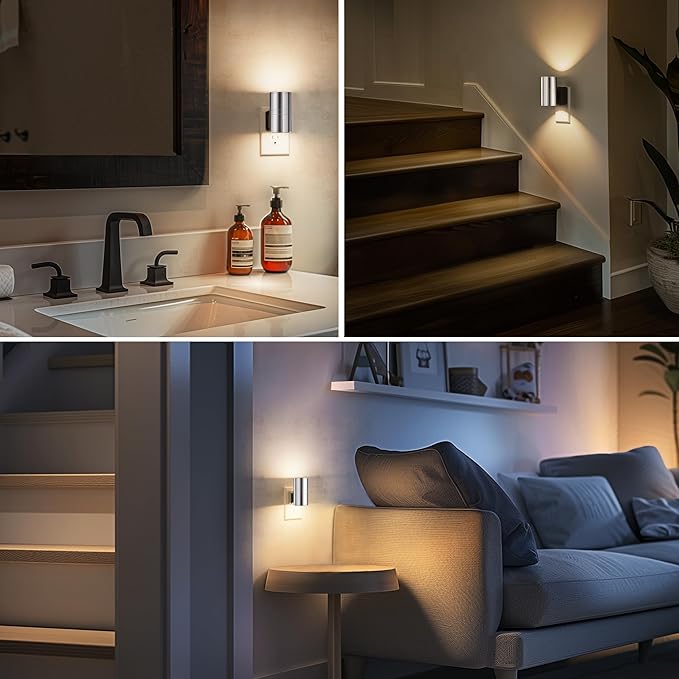 L LOHAS LED Night Light, Night Lights Plug into Wall, 1-Pack, Smooth Silver Glossy Plating Metal-Shade Nightlight, Light Sensor, Soft White 3000K, Dimmable Night Light Plug in for Hallway Bedroom