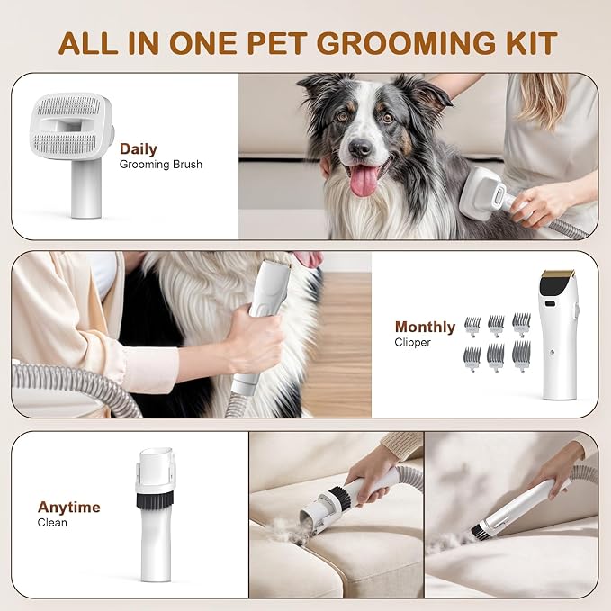 Dog Grooming Vacuum, Dog Grooming Kit, 3 Suction Modes Dog Brush Vacuum with 5 Pet Grooming Tools (Cream)