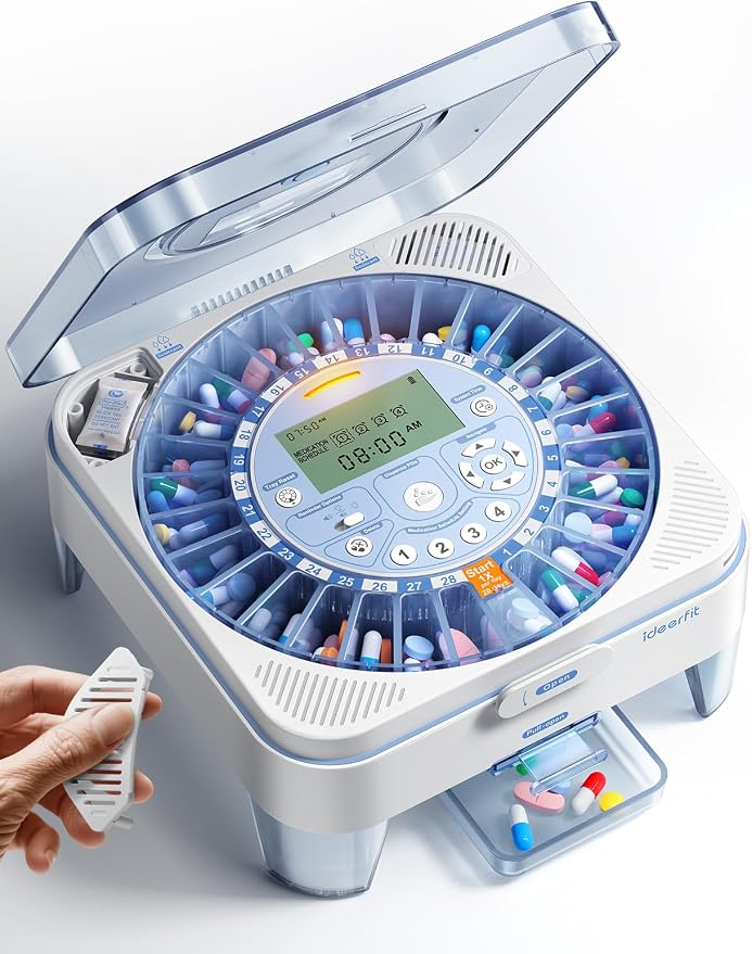 28-Day (1X) Automatic Pill Dispenser, No APP with Alarm & Desiccant | Easy medication management with Sound & Light Alerts, One-Press Dispensing, Large Compartments for Pills, Tablets & Capsules