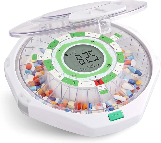 LiveFine 28-Day Automatic Pill Dispenser, 9 Dosage Rings, Clear Lid | Portable, battery-powered with a lockable key cover - built for seniors, arthritis sufferers, and caregivers.