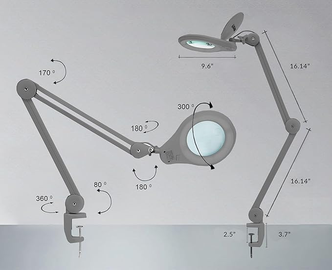 Neatfi (New Model Bifocals 1,200 Lumens Super LED Magnifying Lamp with Clamp, Dimmable, 60 Pcs SMD LED, 5 Inches Diameter Lens, Adjustable Arm Utility Clamp (5 Diopter + 20 Diopter, Silver)