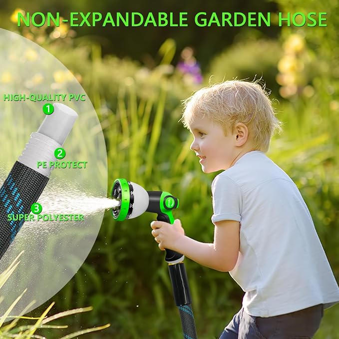 Junredy Garden Hose 75 FT, NON-EXPANDABLE Heavy-Duty Flexible & Lightweight Water Hose with 10-Function Nozzle, No-Kink, Leak-Proof Super Fabric, Solid Fittings for Lawn, Car, Outdoor (Black Blue)