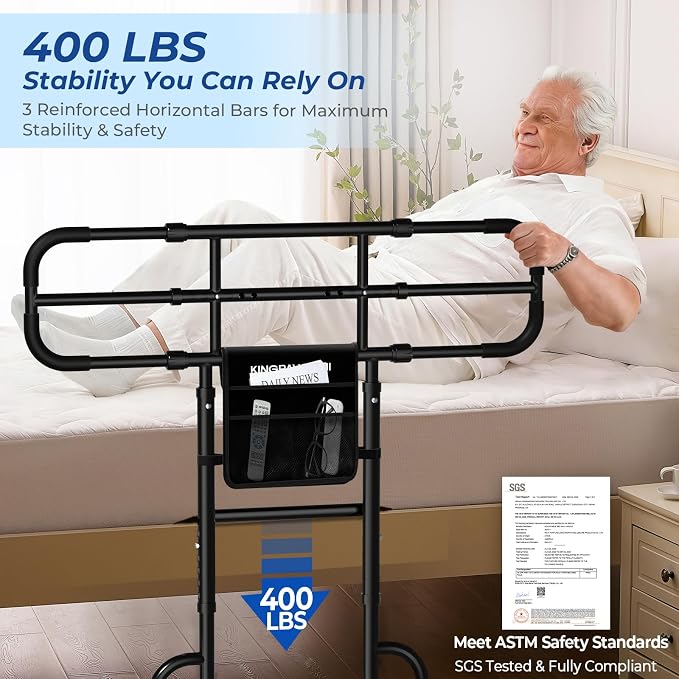KingPavonini Bed Rail with Ultra-Wide Extendable Handle, 400 LB, Model GL05 | ASTM-Approved, Bed Rails for Elderly Adults Safety, 4-Point Dual Support, Tool-Free Bed Rails for Seniors & Post Surgery