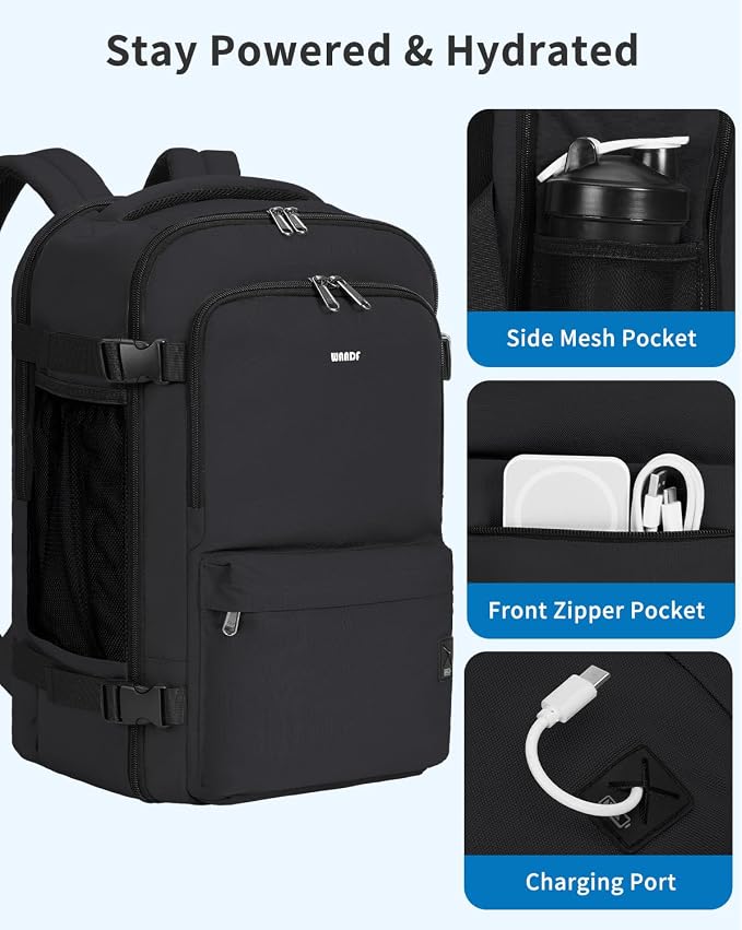 WANDF Personal Item Travel Bag, Small Travel Backpack 17x10x9 for United Airlines, 15.6" Laptop Backpack for Men Women (Black)