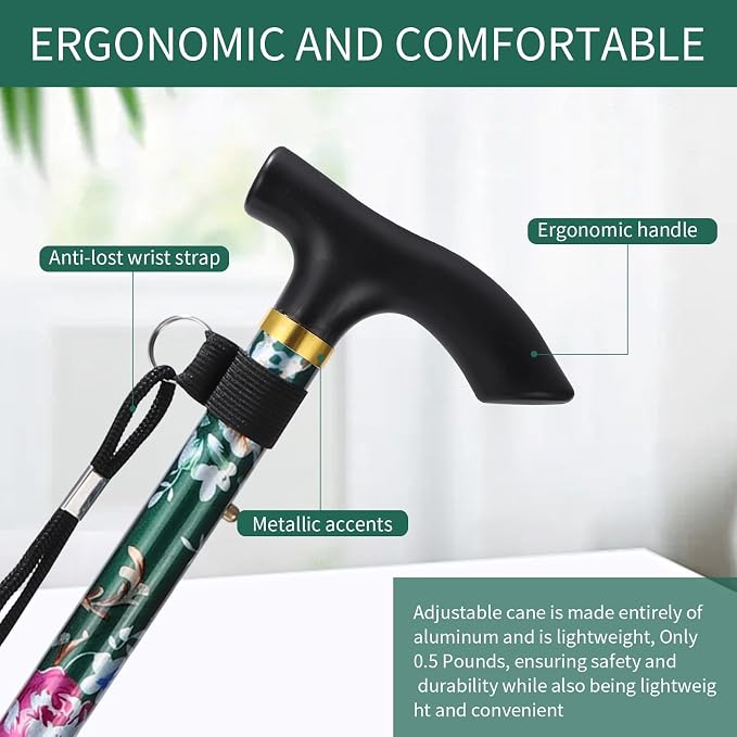 Walking Cane, Folding Cane for Man & Women, Portable Lightweight | 5-Level Adjustable Height, Collapsible Cane for Seniors Balancing Mobility Aid