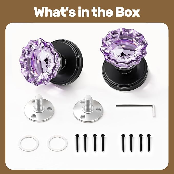 Purple Glass Dummy Door Knobs, Crystal Door Knob Single Side | Non-Turning Matte Black Interior Door Knobs for Hall, Closet, Pantry-2 Pack