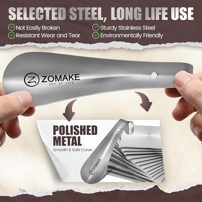 ZOMAKE Metal Shoe Horn, Small Travel Shoehorn for Men Women Kids, 5.9''/7.3''/7.5'' Portable Shoe Spoon Helper