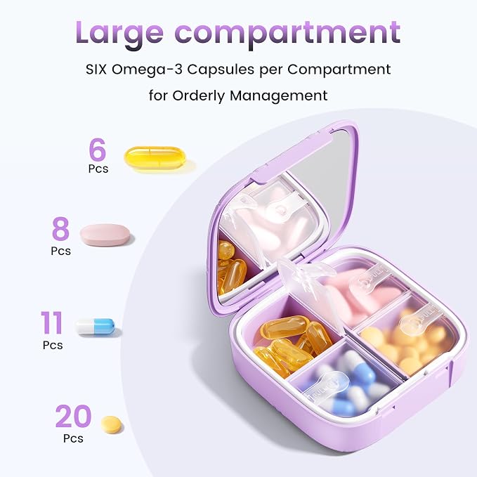 Travel Pill Organizer for Women, Cute Pill Box with Mirror | Compact,Waterproof,Bpa-free,Stylish,4 Compartment