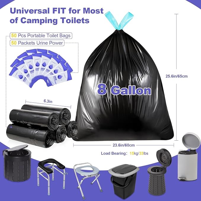 Lavender 50 Portable Toilet Bags with 50 Poo Gel Set, 8 Gallon | Camping Toilet Bags with Absorbent Gels Waste Bags, Portable Trash Bag for Camping Potty Rvs Travel