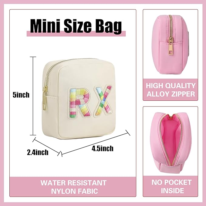 uekeboag Personalized Small Nylon Rx Cosmetic Bag, Cute Chenille Letter Patch Medicine Drug Pouch with Zipper,Preppy Makeup Travel Vitamin Bag for Women and Girls（01Sand）