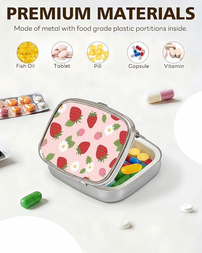LRITER Pill Case, 2 Compartment Portable Small Travel Pill Organizer for Purse and Pocket, Stylish Medicine Case with Multiple Patterns, Daily Pillbox for Home & Travel (Strawberry)