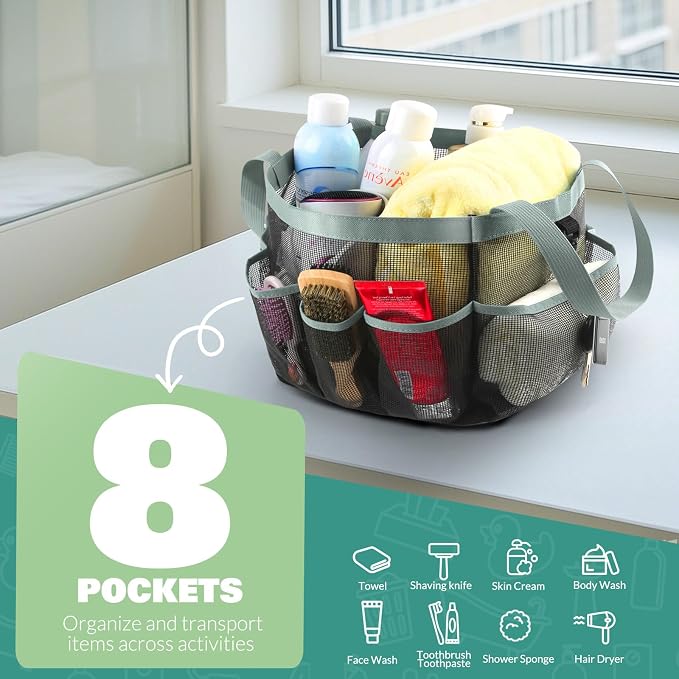 LOYEE Mesh Shower Caddy Portable for College Dorm Room Essentials with 8 Pockets,Shower Bag for Beach,Swimming,Gym,Travel,Bathroom(Grey)