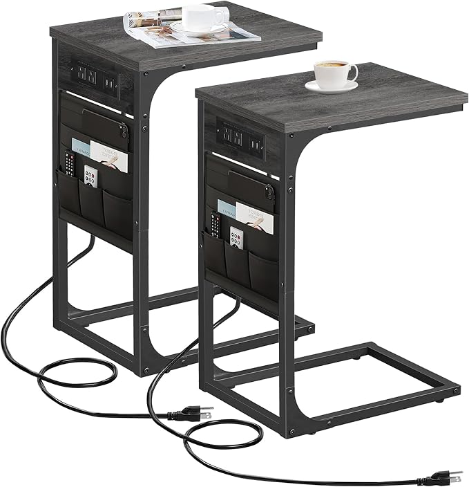 TUTOTAK C Shaped End Table with Charging Station, Side Table for Sofa | Couch Table with Storage Bag, TV Tray with 2 USB Ports and Outlets, Set of 2, Living Room and Bedroom, Grey TB01BY0242