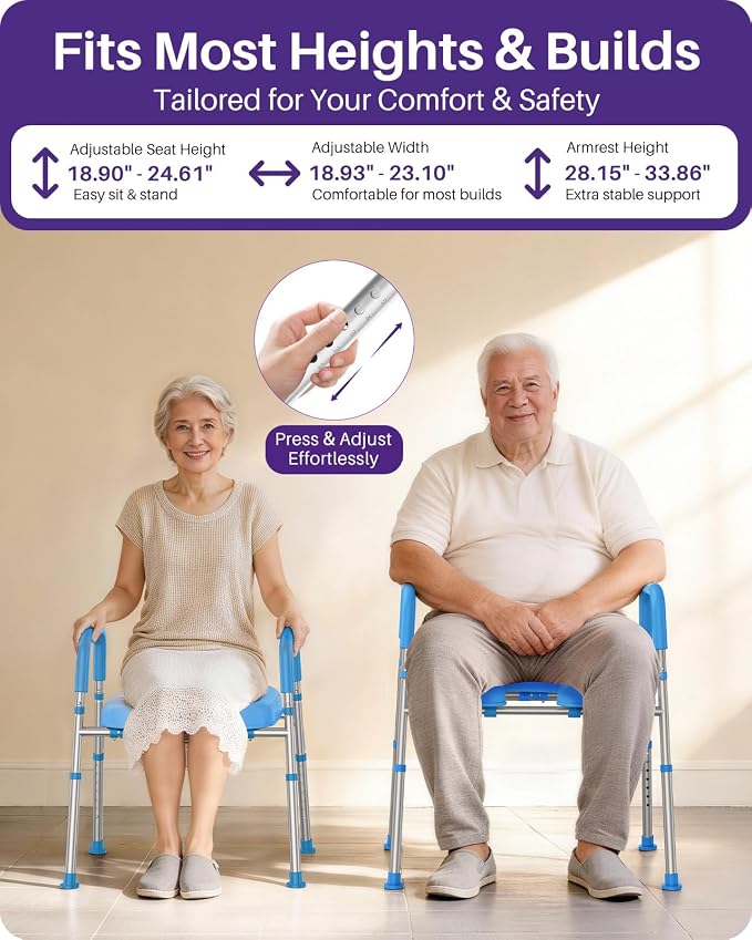 KEKOY Toilet Seat Risers for Seniors, Adjustable Height Width, Fits Most Users | Padded Elevated with Handles, Tool Free Install, Fits Most Round Elongated Toilets for Handicap,Ideal for Bathroom, Blue