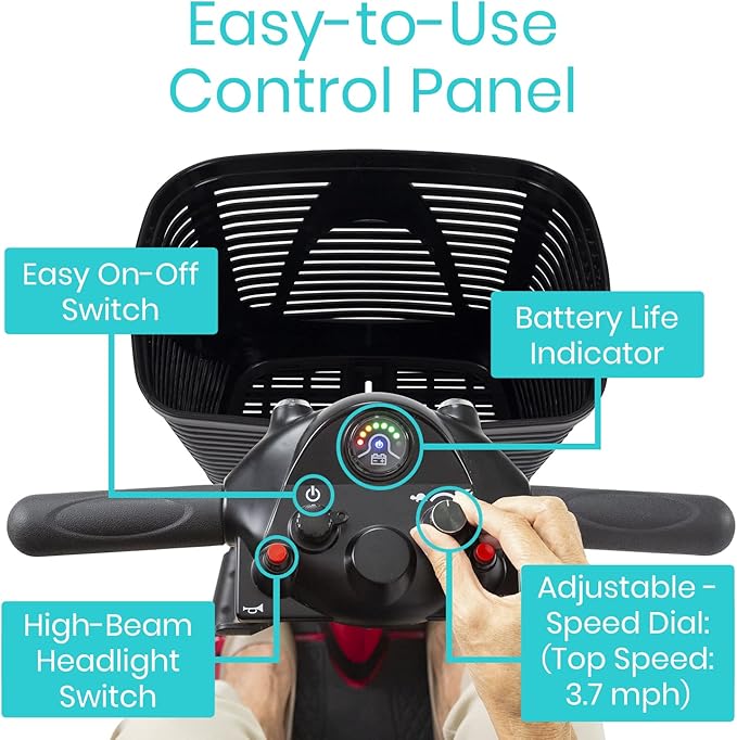 Vive 3 Wheel Mobility Scooter - Electric Powered Mobile Wheelchair Device for Adults - Folding, Collapsible and Compact for Travel - Long Range Power Extended Battery with Charger and Basket Included