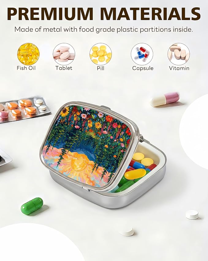 LRITER Pill Case, 2 Compartment Portable Small Travel Pill Organizer for Purse and Pocket, Stylish Medicine Case with Multiple Patterns, Daily Pillbox for Home & Travel (Sunset Forest)