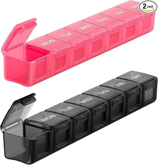Sukuos Extra Large Weekly Pill Organizer 2 Pcs, Daily Pill Box 7 Day Medicine Cases for Vitamin, Fish Oils or Supplements, Easy to Clean (Black&Pink)