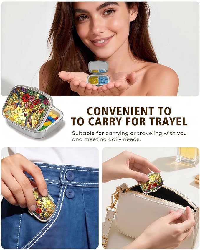 LRITER Pill Case, 2 Compartment Portable Small Travel Pill Organizer for Purse and Pocket, Stylish Medicine Case with Multiple Patterns, Daily Pillbox for Home & Travel (Flowers and Birds)