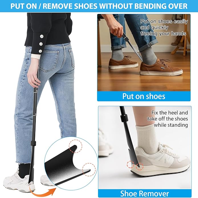Shoe Horn Long Handle, 16.9'' - 37.4'' Telescopic Metal Shoe Horn with Trouser Hook and Sock Removal Aid, Adjustable Long Shoehorn for Seniors Men Women Kids