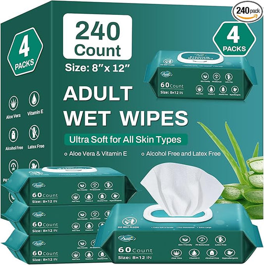 [240 Count] Adult Wipes for Elderly, 8" x 12" Extra Large Adult Wipes for Incontinence & Cleansing - Disposable Washcloth for Elderly Bathing No-Rinse - Vitamin E & Aloe