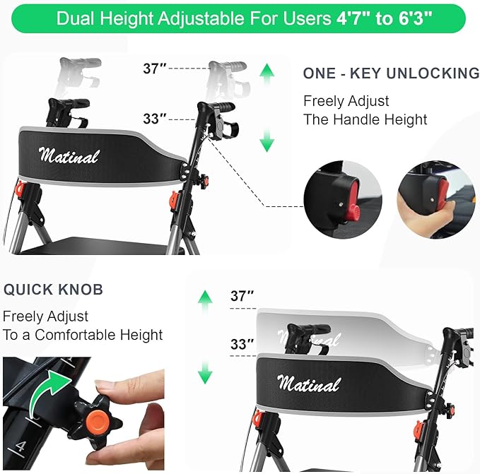 Walkers for Seniors, Rollator Walker with Seat, Walkers for Seniors with seat, 350 lb Capacity,with 8'' Big Wheels, Rolling Walker (Silver)
