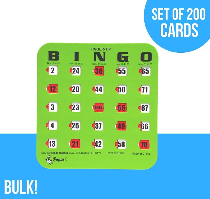 Regal Bingo Bulk Bingo Cards with Sliding Windows - Reusable Large Print Bingo Game Cards for Adults Large Group - 200 Pack, Green