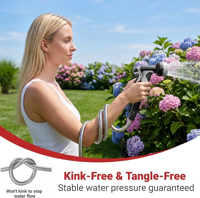 Lefree 25FT Stainless Steel Garden Hose | Lightweight Kink‑Free Leak‑Proof with Upgraded Rubber Sleeve, 10‑Pattern Nozzle for Patio, Backyard, Car Washing & Pet