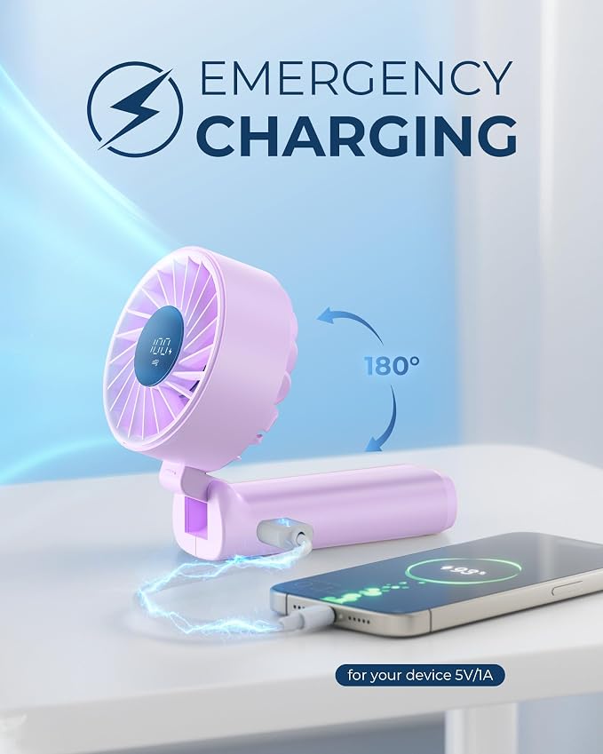 Peiyuu Portable Fan, 4000mAh USB Rechargeable, 180° Foldable Mini Desk Fan, 6 Wind Speed, LCD Digital Display, Lanyard as Neck Fan, Ultra Quiet, Pocket Size for Indoor Outdoor