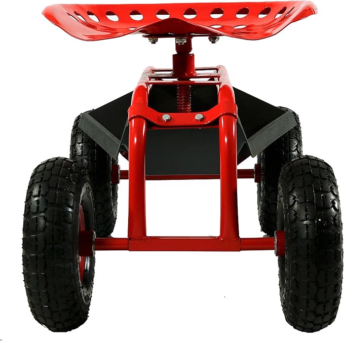Sunnydaze Rolling Garden Cart with Swivel Seat and Storage, Red | Steel Rolling Gardening Seat with Utility Tray, and Basket for Storage, Rotating, Swiveling Motion