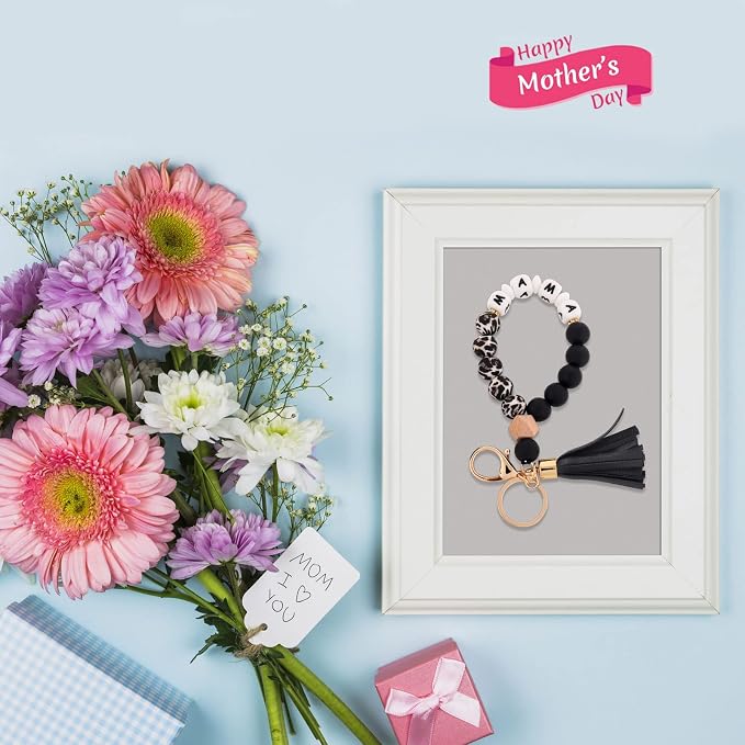 BAOSIWA Silicone Key Ring Bracelet Wristlet Keychain Unique Beaded Bangle Key Chains for Women with Leather Tassel