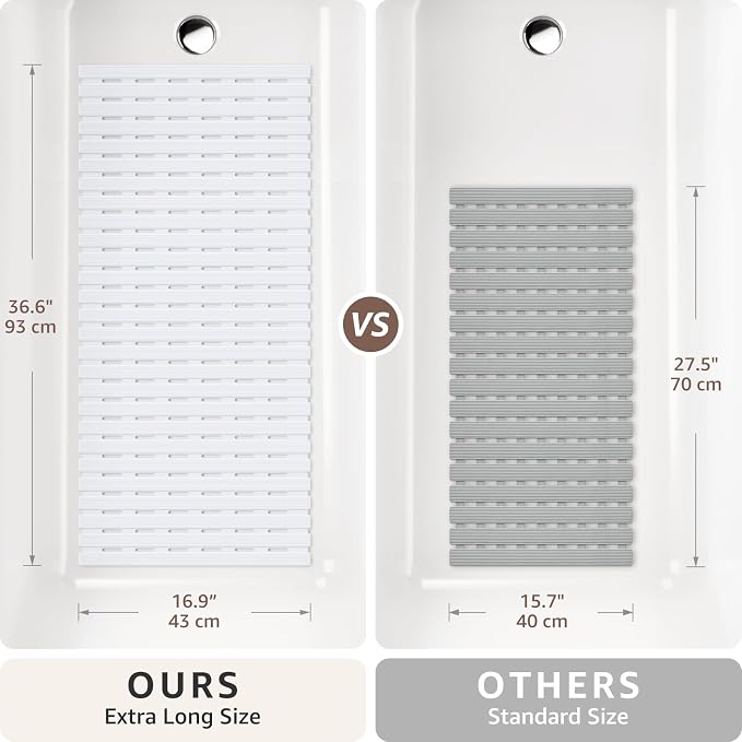 OTHWAY Non Slip Shower Mats, 36.6" x 16.9" Shower Mats for Inside Shower, Soft TPE Bath Mat for Tub Non Slip, Anti Slip Shower Floor Mat with Suction Cups, Machine Washable Shower Stall Mat, White