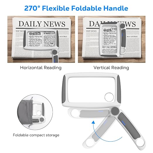MoKo Magnifying Glass with Light, 5X/20X/45X Full-Page Magnifier | Rechargeable magnifying glass for reading has 20 LEDs, 3 light levels and a foldable handle; grey finish.