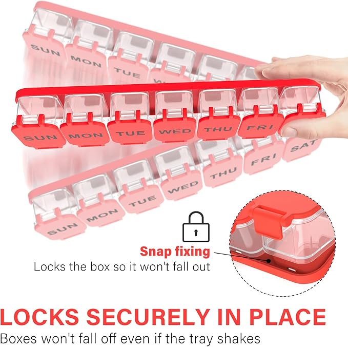 Extra Large Weekly Pill Organizer - Waterproof 7-Day Pill Box, Portable Vitamin & Supplement Case, Easy to Open Design, Ideal for Travel a nd Daily Medication Management (Red)