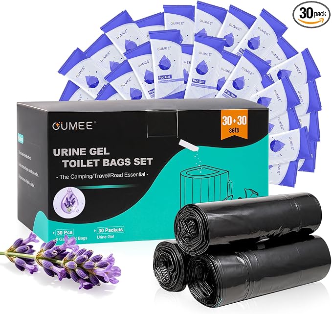 Lavender 30 Portable Toilet Bags with 30 Poo Gel Set, 8 Gallon | Camping Toilet Bags with Absorbent Gels Waste Bags, Portable Trash Bag for Camping Potty Rvs Travel