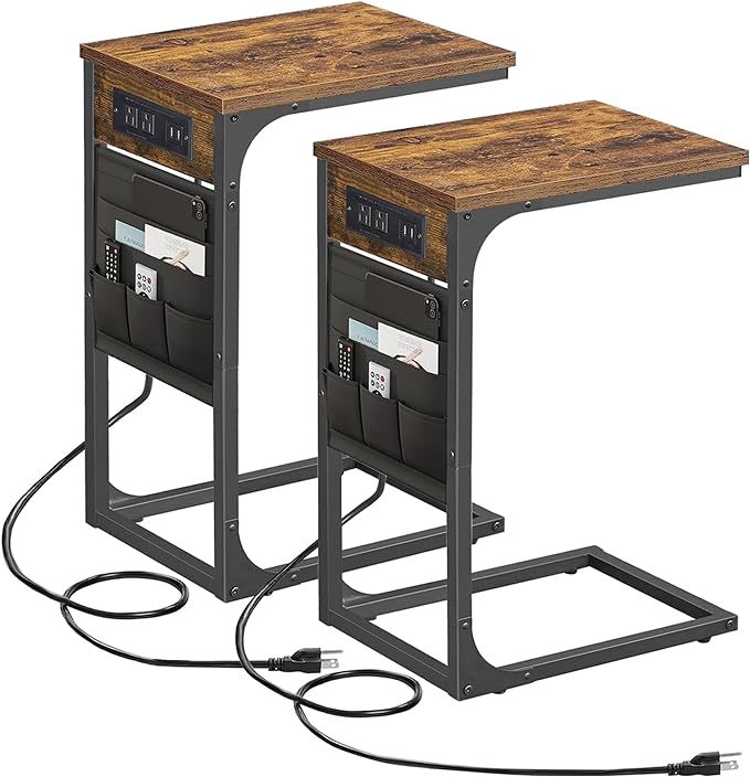 TUTOTAK C Shaped End Table with Charging Station, Side Table for Sofa | Couch Table with Storage Bag, TV Tray with 2 USB Ports and Outlets, Set of 2, Living Room and Bedroom, Brown TB01BB0242