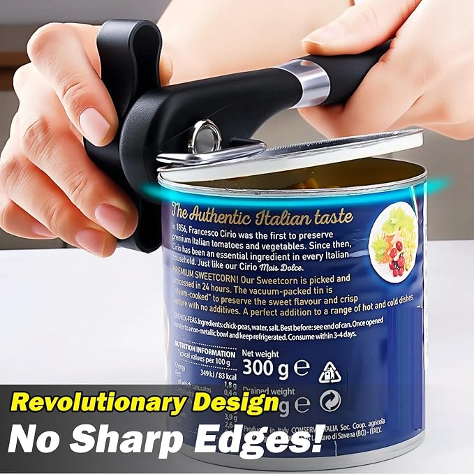 Side Cut Can Opener, Smooth Edge Manual Can Opener, Black | Safety Side Cut Blade Creates Smooth Edges, Large Soft-Touch Knob and Non-Slip Handle Provide Comfortable Everyday Use