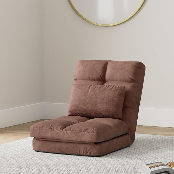 Indoor Chaise Lounge Sofa, Floor Chair with Back Support for Adults, 14 Angle Adjustment Recliner Chair, Folding Floor Lounger with Pillow 8823(Brown)